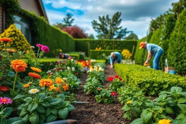 Restoring Garden Aesthetics After Weather Damage Gardeners repairing and replanting a colorful flower garden after storm damage, restoring landscape beauty.