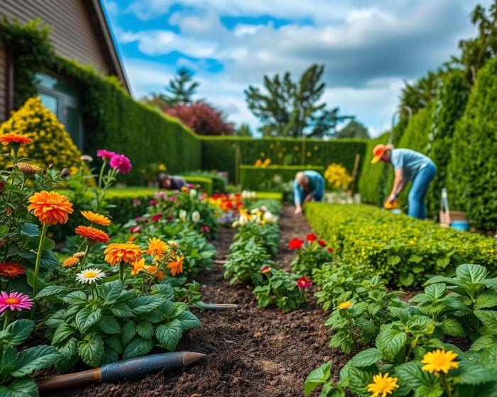 Gardeners repairing and replanting a colorful flower garden after storm damage, restoring landscape beauty.