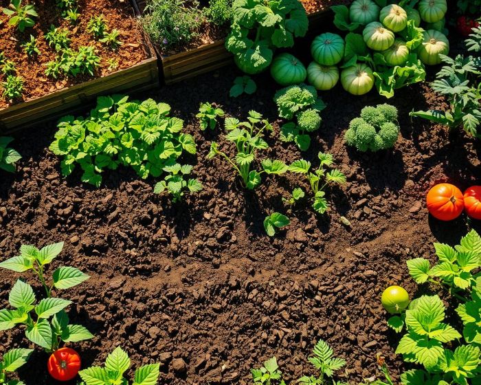 A vibrant garden showcasing various plants including tomatoes, herbs, and vegetables, emphasizing soil conservation methods like mulching and crop rotation for healthier soil.