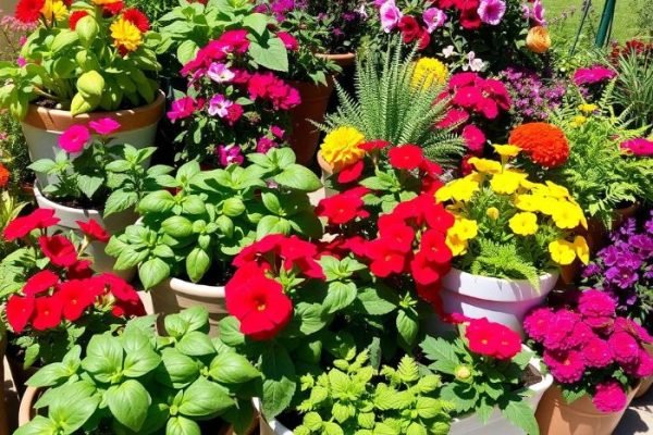 Best Plants for Thriving Container Gardens Colorful variety of plants and flowers arranged in containers, showcasing top plants for container gardening.