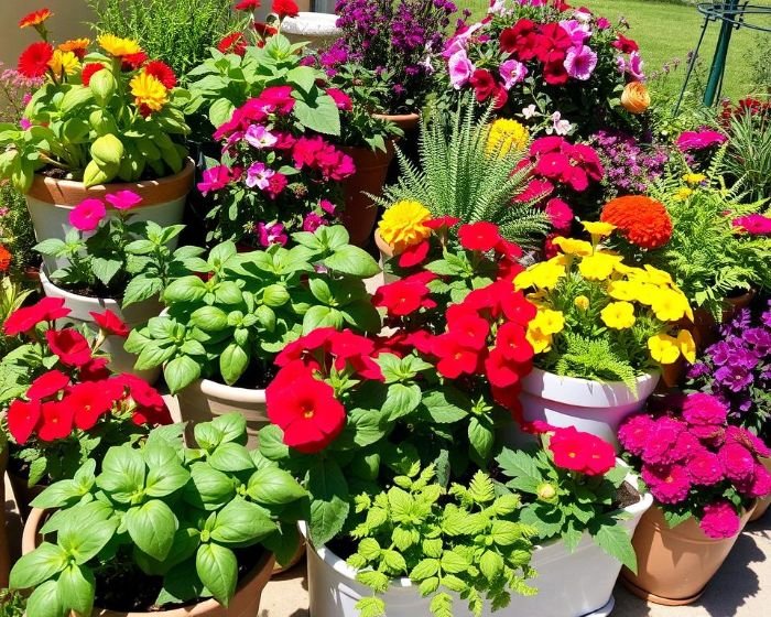 Colorful variety of plants and flowers arranged in containers, showcasing top plants for container gardening.