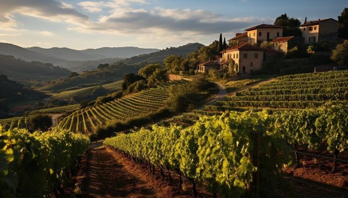 Vineyard rows designed for optimal sun exposure in a scenic hillside, enhancing grape quality and growth.