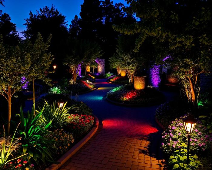 Vibrant colored lights illuminating a garden pathway, adding drama and interest to the landscape and creating a dynamic atmosphere at night.
