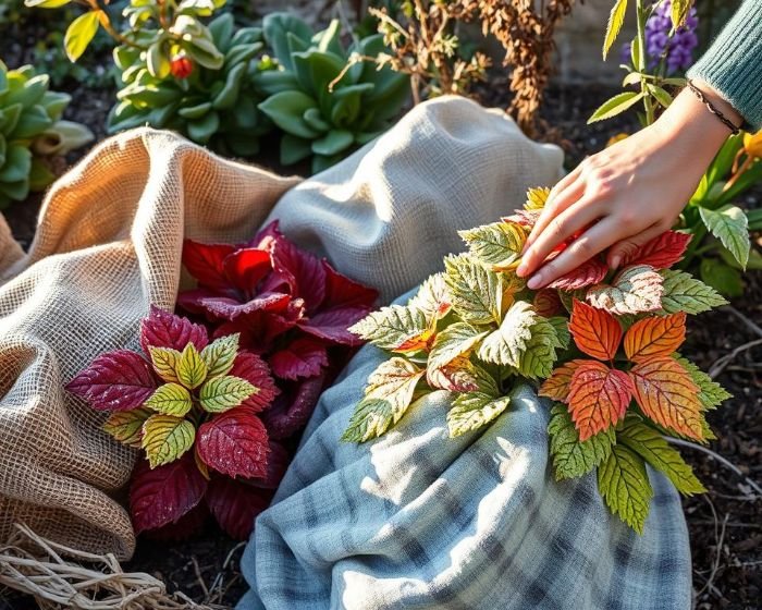 Garden plants covered with burlap and cloth to protect them from frost and prevent further damage.