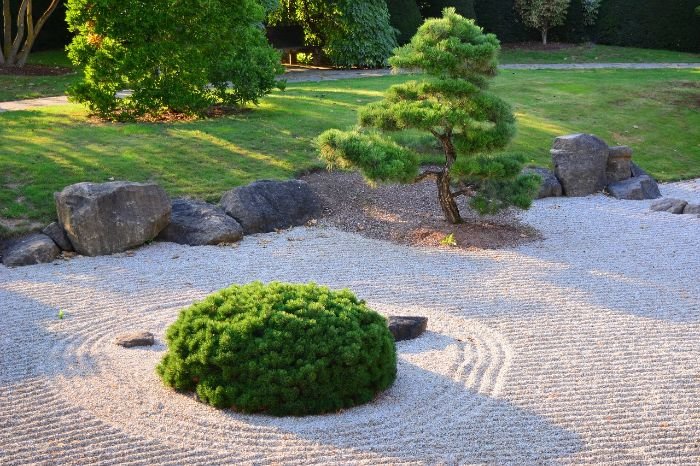 Organized garden layout featuring a well-placed tree, rocks, and a gravel pathway, highlighting effective zoning and landscape design elements.