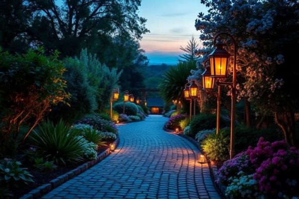 Beautifully lit garden path at dusk with lanterns and surrounding vibrant flowers, creating a safe and inviting walkway.
