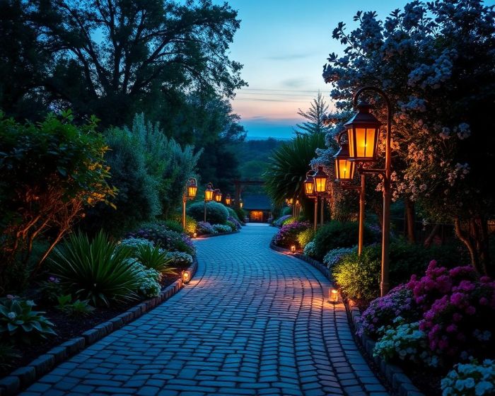 Beautifully lit garden path at dusk with lanterns and surrounding vibrant flowers, creating a safe and inviting walkway.