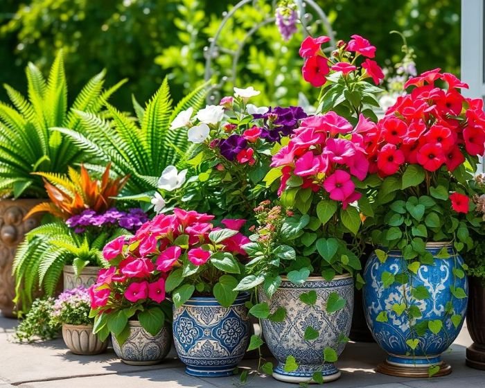 Vibrant and colorful flowers in decorative containers, adding elegance and seasonal beauty to a patio garden.