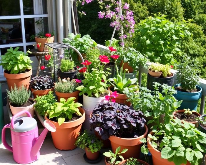 Various potted plants on a balcony receiving seasonal care and maintenance, including watering and monitoring for healthy growth.