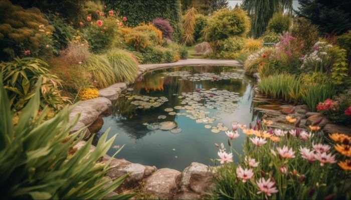 Beautiful garden with a variety of plants surrounding a pond, featuring water lilies, colorful flowers, and lush greenery for a balanced landscape design.
