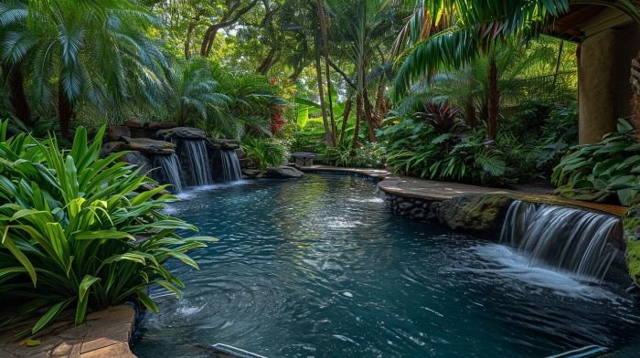 Serene garden with flowing waterfalls, lush tropical plants, and harmonious landscape design elements showcasing unity in textures and colors.