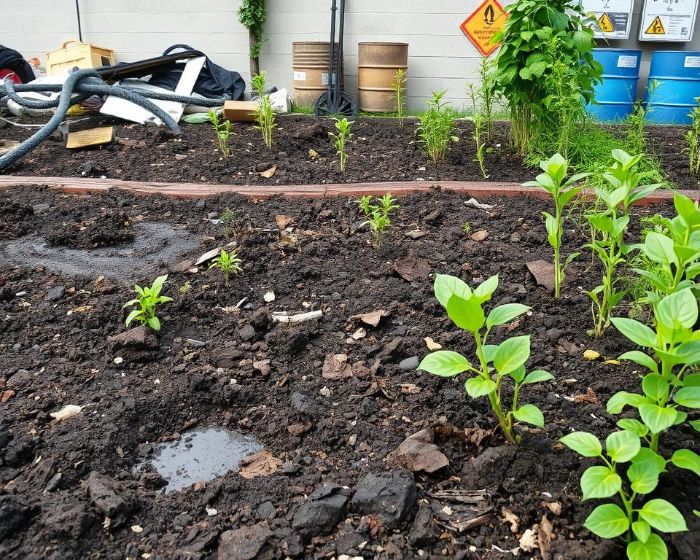 Urban garden with young plants growing in soil, highlighting concerns about soil contamination and environmental cleanup efforts.