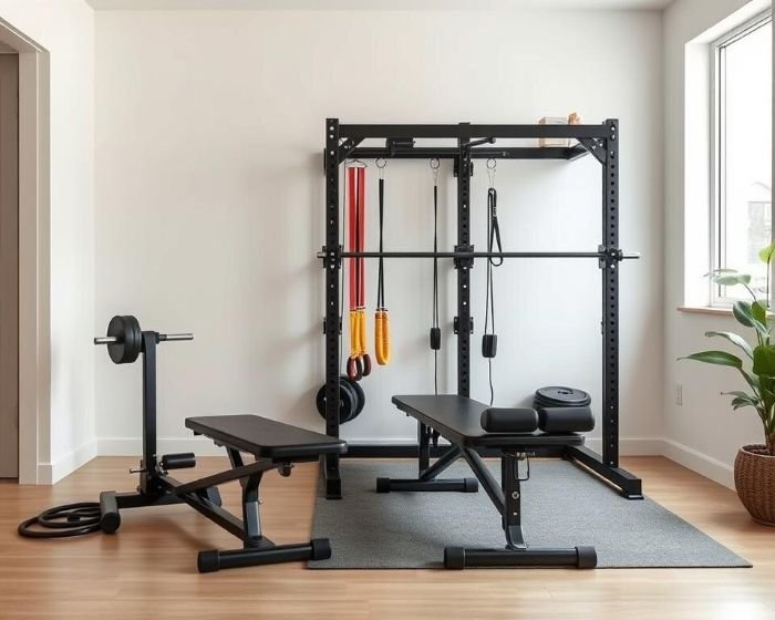 Compact home gym setup with adjustable weight bench and multi-functional strength training equipment