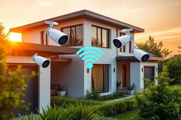 Modern home equipped with Wi-Fi-enabled security cameras for enhanced surveillance.