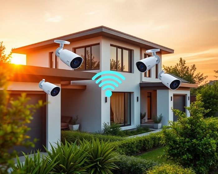 Modern home equipped with Wi-Fi-enabled security cameras for enhanced surveillance.