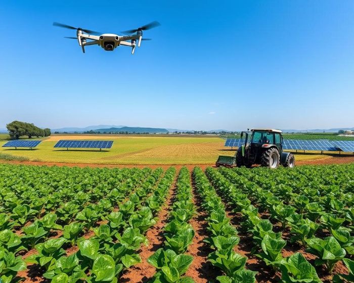 Drone and tractor in a sustainable farm field with solar panels, illustrating AI's role in eco-friendly farming practices