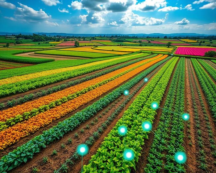 Colorful crop fields with AI indicators, illustrating AI’s role in managing soil-borne diseases and pests sustainably