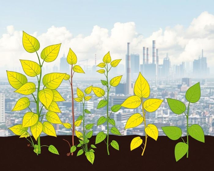 Illustration of plants showing signs of air pollution damage, with yellowing leaves and a city skyline with industrial emissions in the background.