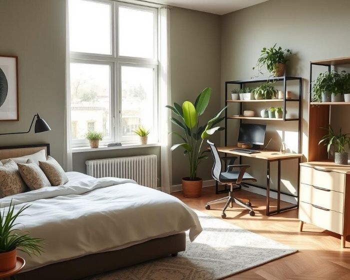 A stylish dual-purpose room with a cozy bed, minimalist desk, and plants, demonstrating a balance of style and functionality with neutral colors and thoughtful decor for both office and guest room use.