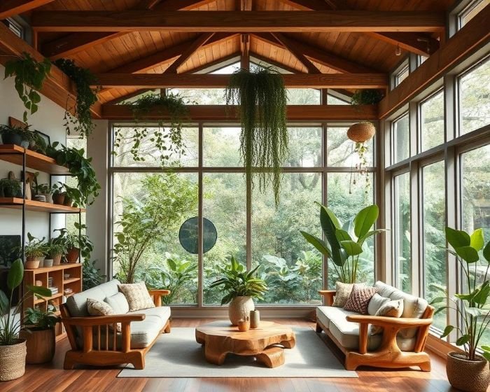 Cozy living room with large windows, natural wood furniture, and abundant indoor plants showcasing the benefits of biophilic design