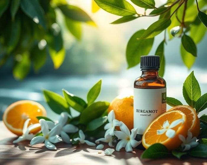 Bergamot essential oil bottle with fresh bergamot fruit and white flowers, symbolizing relaxation and mood enhancement.