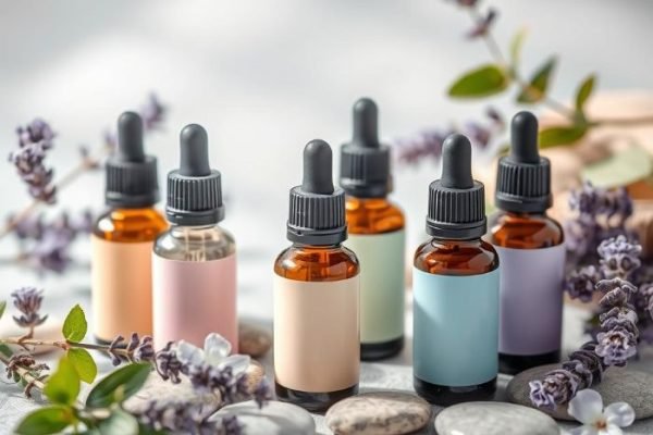 Bottles of essential oils for stress relief and relaxation with lavender and greenery in the background.