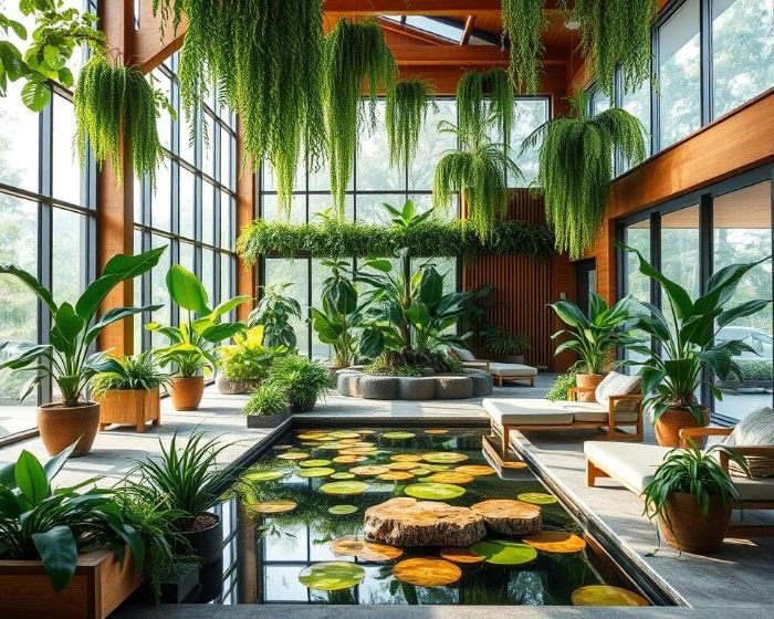 Indoor space with lush greenery, water feature, and large windows for a natural biophilic design bringing the outdoors inside