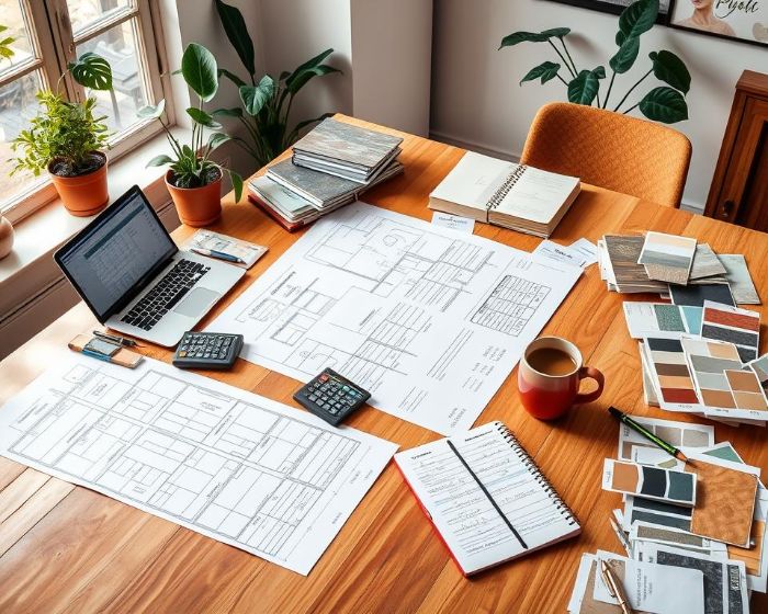A home renovation budget planning workspace with blueprints, calculators, notebooks, color swatches, and a laptop on a wooden table, representing financial and design planning for remodeling projects.