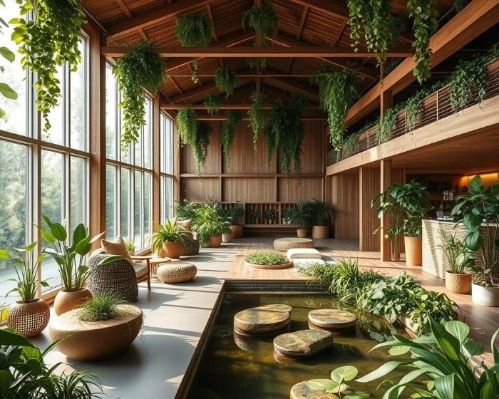 Indoor space with large windows, hanging plants, and a tranquil pond creating a calming and natural atmosphere