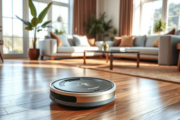 Robotic vacuum cleaning a modern, sunlit living room with wooden floors and cozy decor.