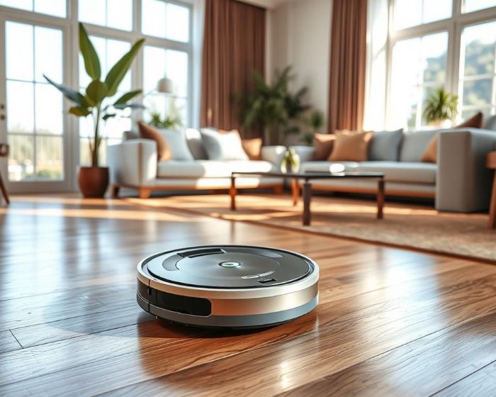 Robotic vacuum cleaning a modern, sunlit living room with wooden floors and cozy decor.