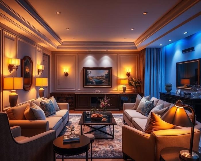 A luxurious living room showcasing a mix of warm and cool lighting tones, with wall sconces, table lamps, and ceiling lights creating a versatile ambiance for day and night moods.