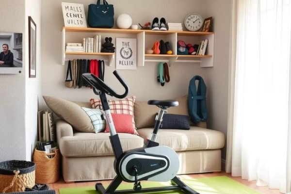 Home gym setup with exercise bike in a small living space, showcasing compact fitness solutions for small spaces