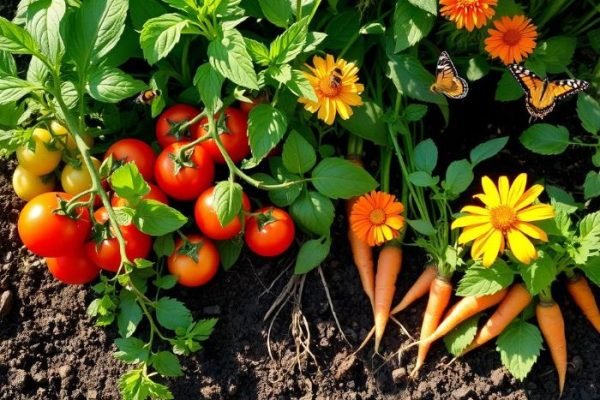 Tomatoes, carrots, and flowers growing together with butterflies, demonstrating the benefits of companion planting for a healthy garden ecosystem.