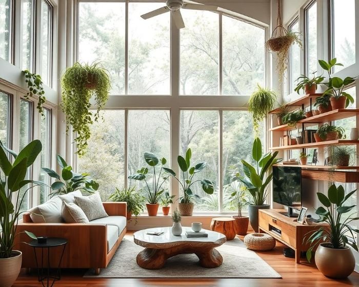 Cozy living room with large windows, wood furniture, and indoor plants creating a natural and airy ambience