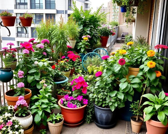Tall containers with lush plants used as privacy screens on an urban balcony, providing seclusion and enhancing the space's aesthetic appeal in a busy city setting.
