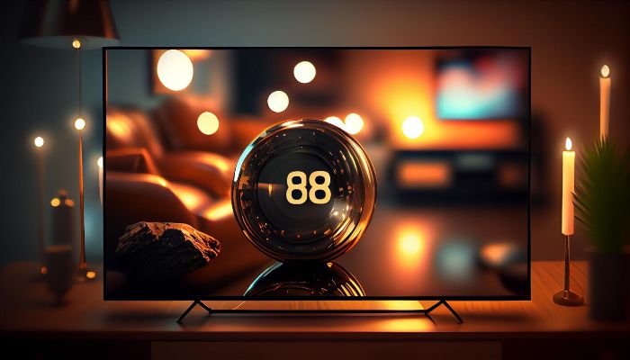 Smart TV setup in a cozy living room with ambient lighting, showcasing a personalized viewing experience with advanced features and customized settings.
