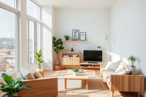 Minimalist living room with natural light, wooden furniture, and plants, exemplifying modern decluttering strategies for a clean and organized space.