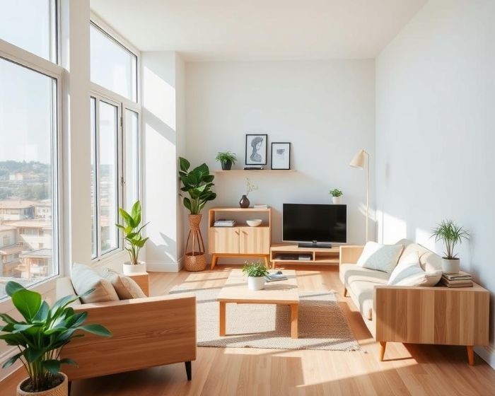 Minimalist living room with natural light, wooden furniture, and plants, exemplifying modern decluttering strategies for a clean and organized space.