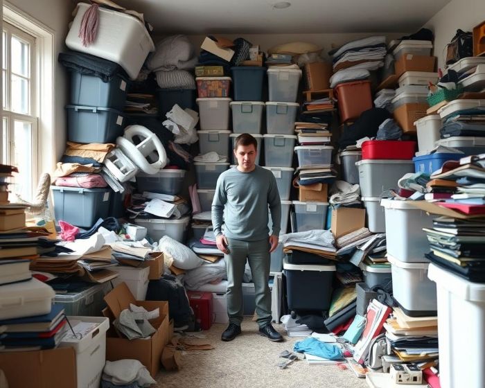 Person standing in a cluttered room filled with stacked storage bins and scattered items, highlighting the consequences of starting decluttering without clear goals.