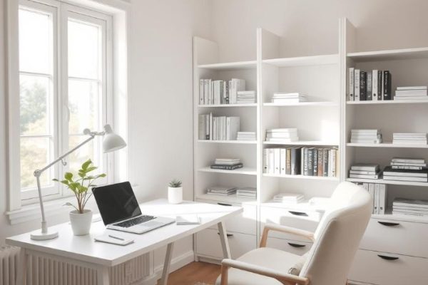 A bright, organized home office with minimalistic white furniture and shelves, illustrating how a decluttered workspace can enhance productivity.