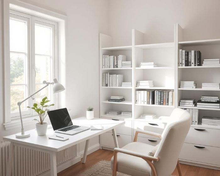 A bright, organized home office with minimalistic white furniture and shelves, illustrating how a decluttered workspace can enhance productivity.