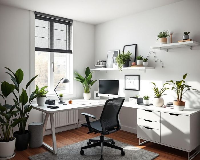 A modern home office setup with ergonomic furniture, natural lighting, and indoor plants, designed to enhance productivity and focus.