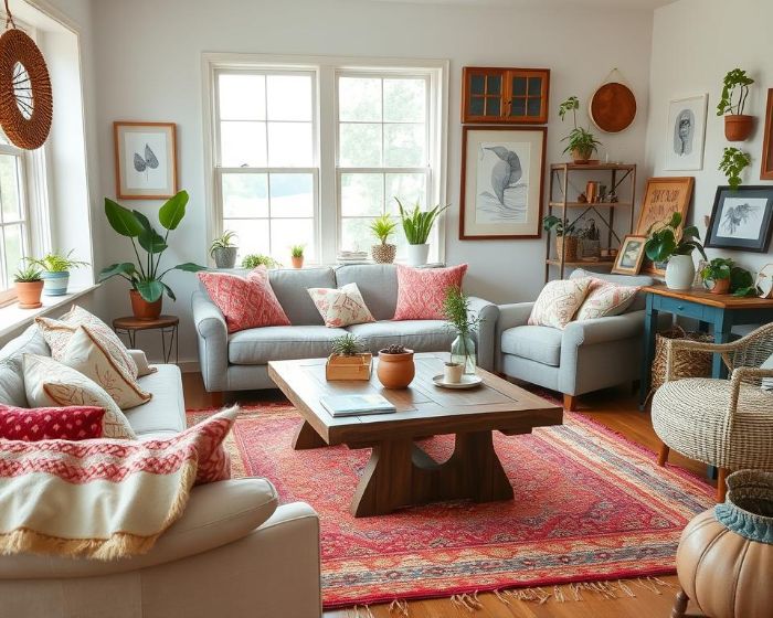 Cozy living room with DIY home decor including indoor plants, artwork, and handmade cushions.
