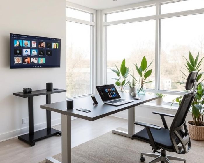 Modern home office with smart technology, featuring a laptop, smart speakers, and a wall-mounted screen for virtual meetings.