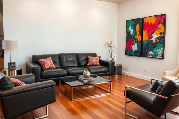 Modern living room with black leather furniture, bold abstract artwork, and warm wooden flooring, showcasing contrast in interior design.