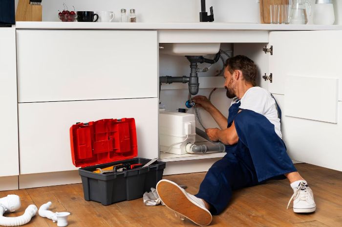 A plumber working under a kitchen sink, preparing tools and turning off the water supply as the first step in fixing a leaky faucet.