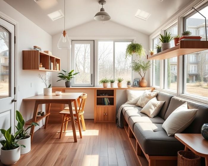 Modern tiny home with space-saving foldable furniture, including a dining table, shelves, and a cozy built-in sofa for a functional living area.