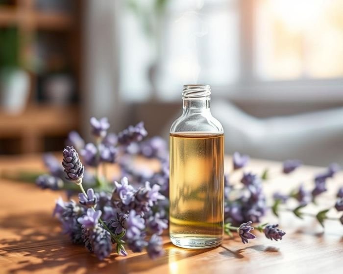 Frankincense essential oil bottle on a table with lavender flowers, symbolizing peace and mindfulness.