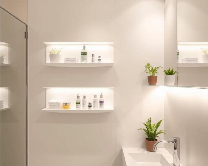 Bathroom with modern white shelves, baskets, and hooks, neatly storing towels, toiletries, and plants, showcasing an organized and functional storage solution.